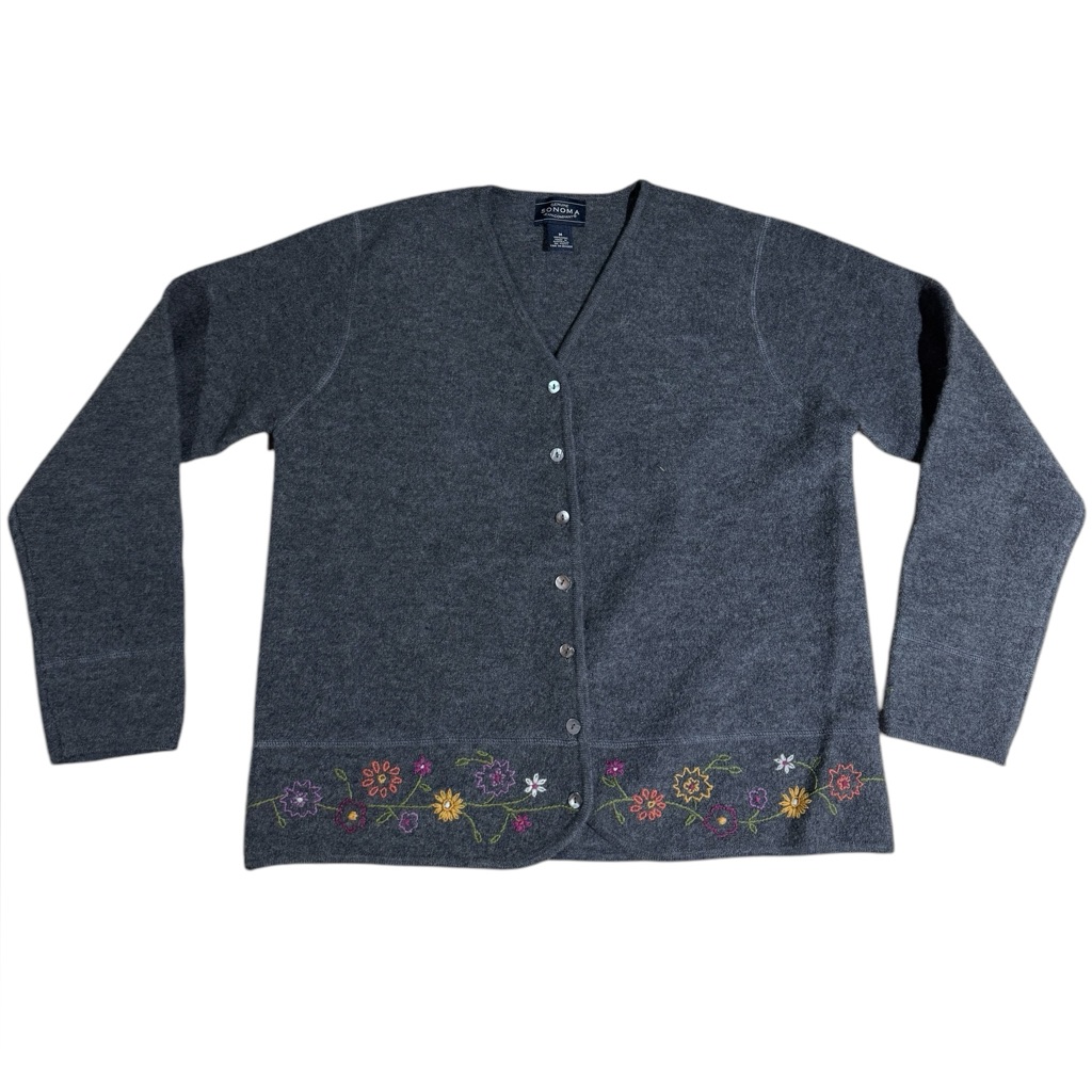 Vintage Wool Cardigan Sweater Grey Embroidered Wool Floral Sweater Medium Sonoma